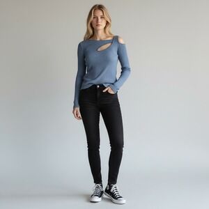 WanderLux Lyon Long Sleeve Blue Ribbed Peek a Boo Key Hole Front Back Flirty Tee